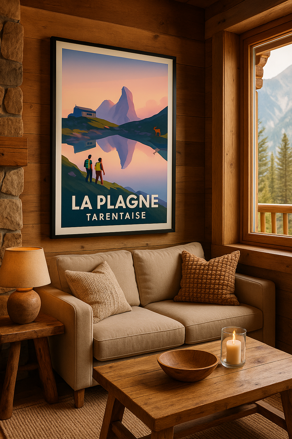 Mise en situation Affiche de La Plagne Tarentaise - Évasion en montagne au crépuscule