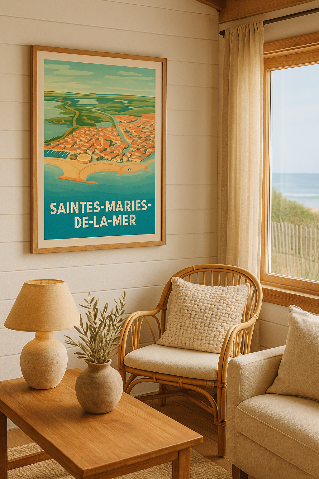 Mise en situation Affiche de Saintes-Maries-de-la-Mer - Vue panoramique ensoleillée