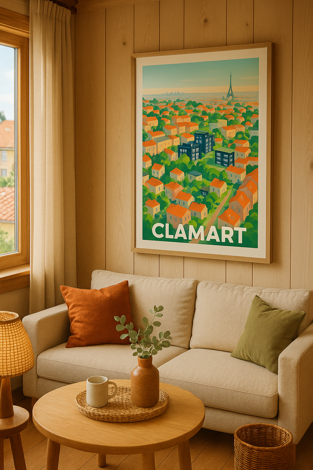 Mise en situation Affiche Clamart - Vue colorée sur la ville et ses toits rouges
