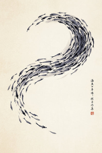 Affiche Banc de poissons japonais, poster calligraphie