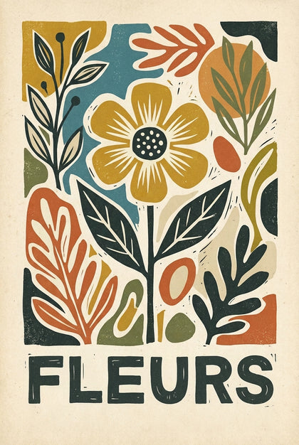 Affiche fleur vintage, poster style lino