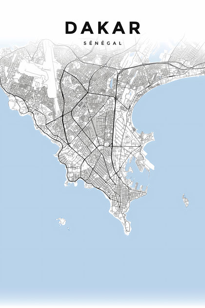 Affiche de Dakar, plan de ville noir et blanc | Afich