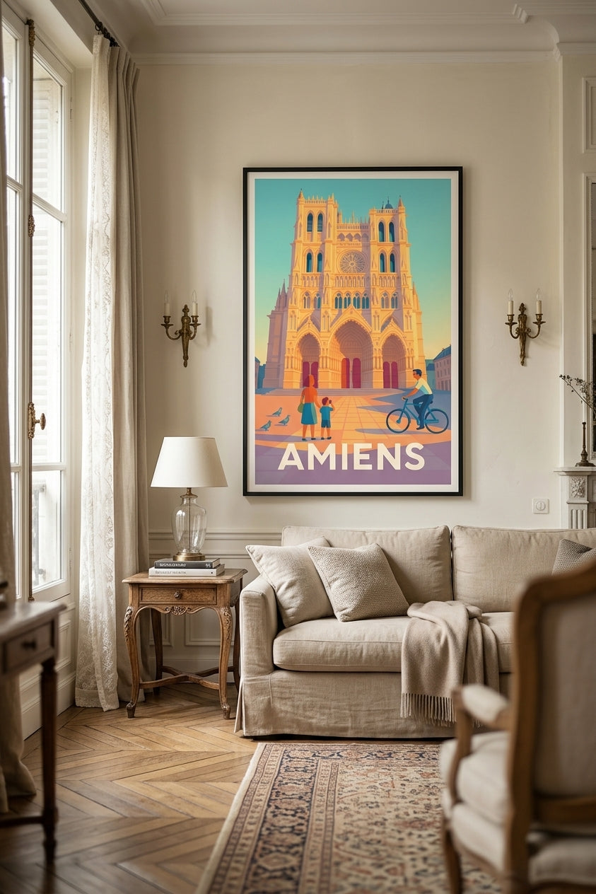 Affiche d'Amiens - cathédrale gothique - illustration vintage encadrée dans un salon | Afich
