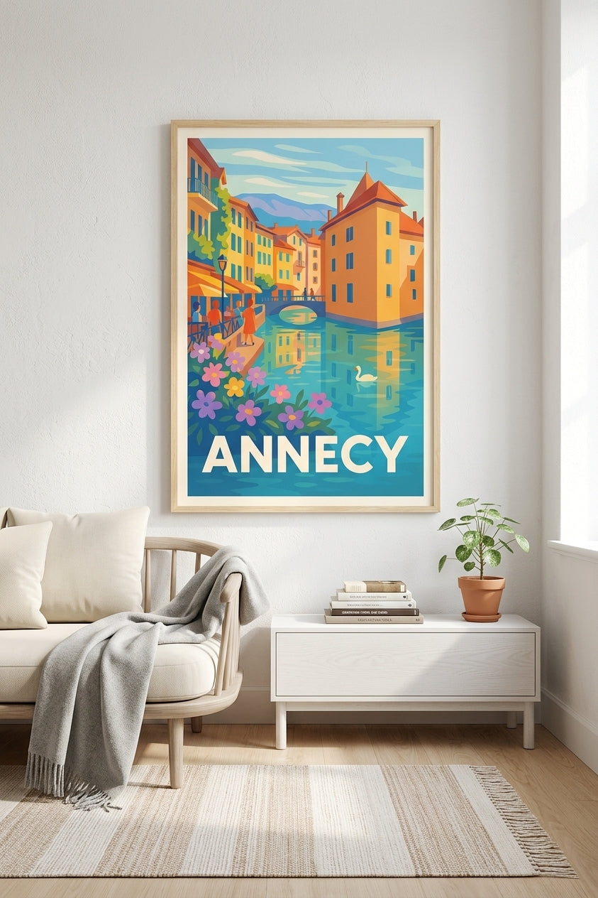 Affiche d'Annecy encadrée dans un salon moderne - lac et canaux alpins | Afich