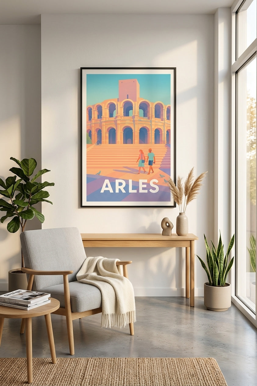 Affiche d'Arles encadrée dans un salon minimaliste - Lumières et patrimoine romain | Afich