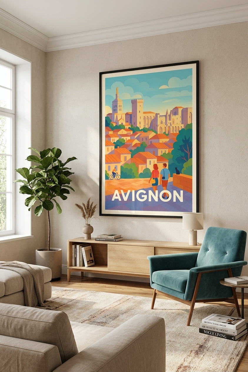 Affiche d'Avignon encadrée dans un salon - Palais des Papes | Afich
