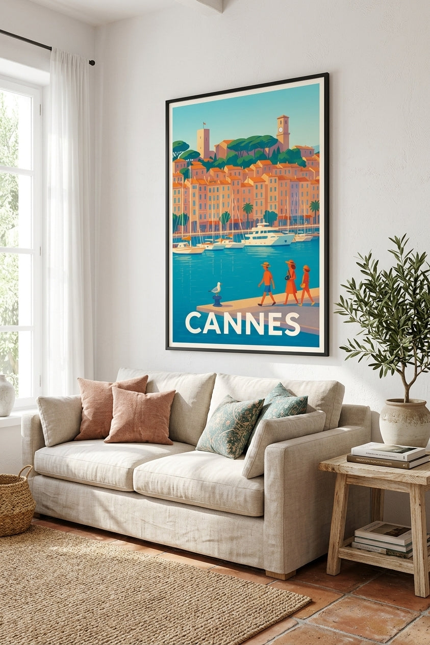 Affiche de Cannes encadrée dans un salon méditerranéen - Croisette | Afich