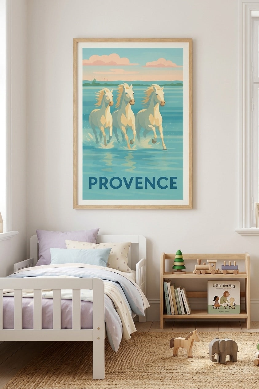 Affiche des chevaux blancs de Camargue encadrée en bois clair au-dessus d'un lit dans une chambre d'enfant | Afich