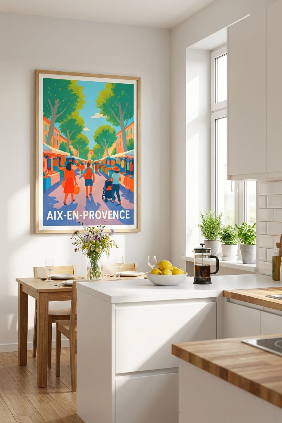 Affiche d'Aix-en-Provence encadrée dans une cuisine lumineuse - marché provençal | Afich