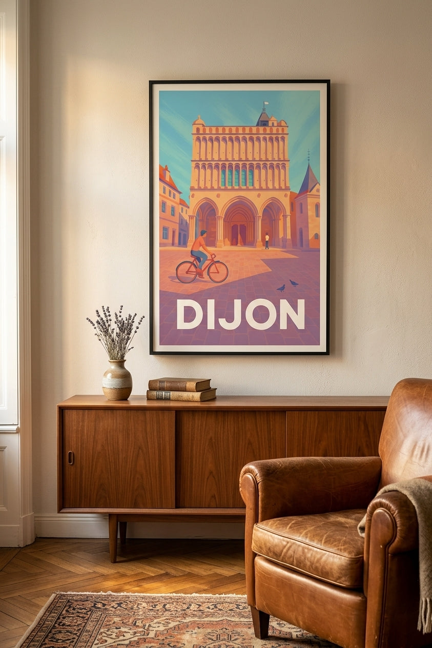 Affiche de Dijon - vue romantique du centre historique encadrée dans un salon | Afich