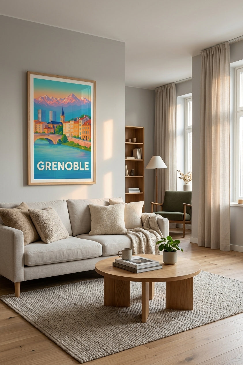 Affiche de Grenoble encadrée dans un salon contemporain - décoration murale alpine | Afich