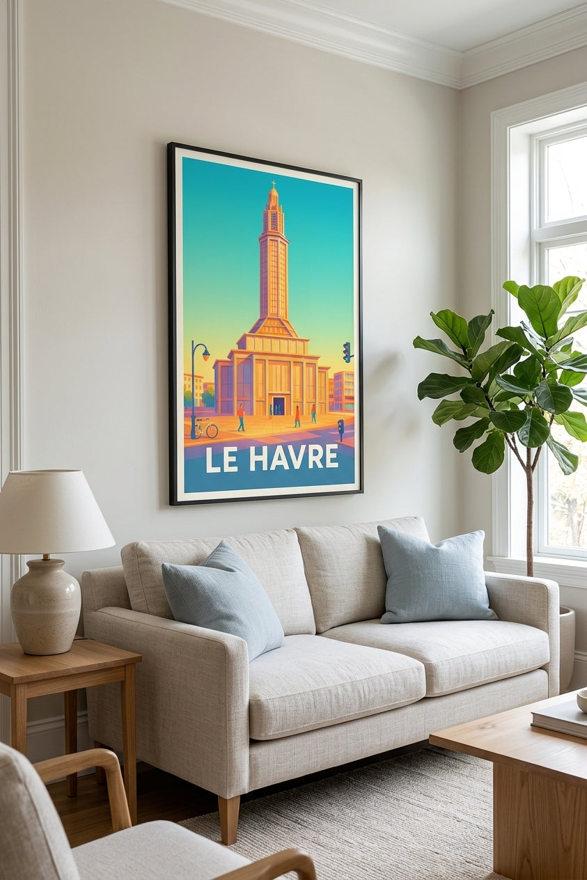 Affiche du Havre - église Saint-Joseph d'Auguste Perret encadrée dans un salon clair | Afich