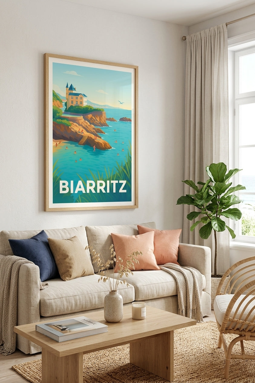 Affiche de Biarritz encadrée dans le salon d'une location saisonnière | Afich