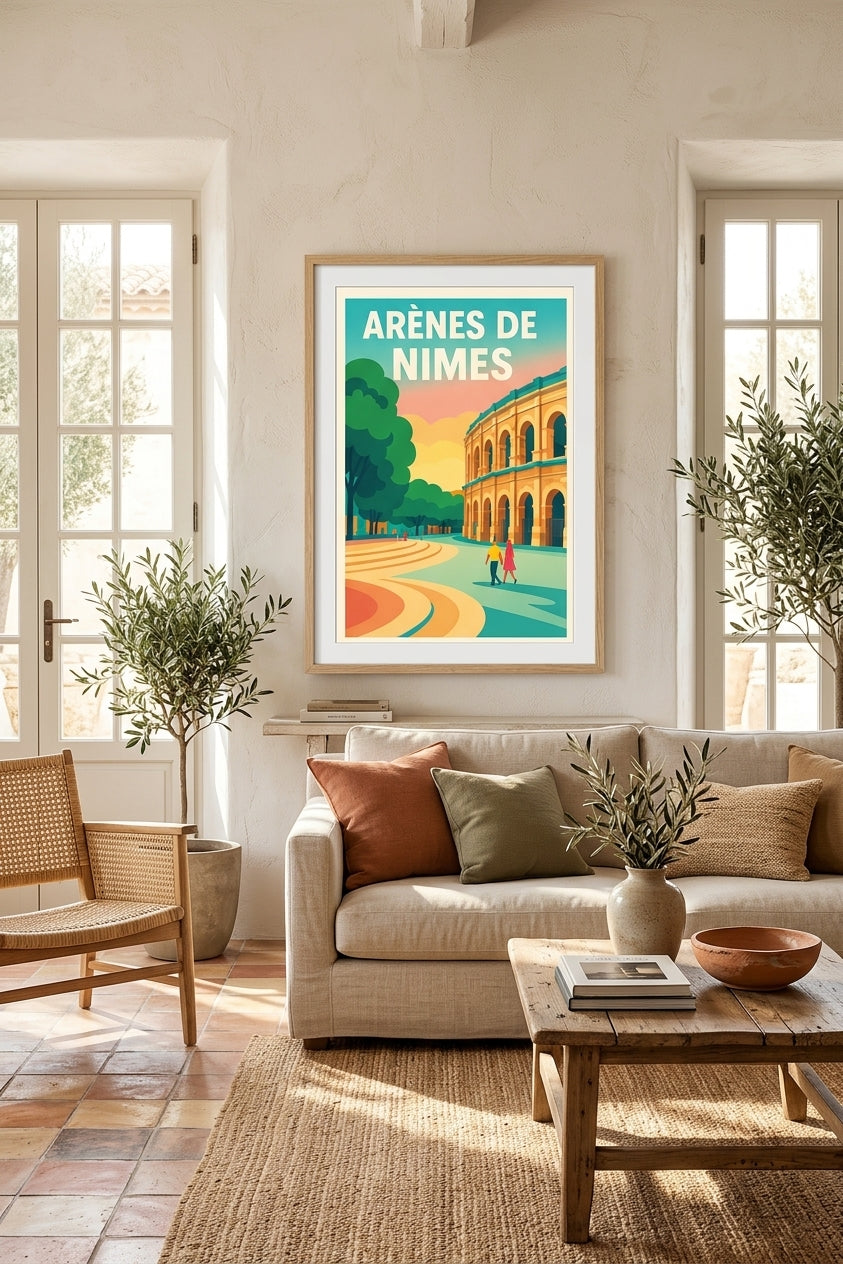 Affiche de Nîmes - arènes romaines - encadrée dans un salon méditerranéen | Afich