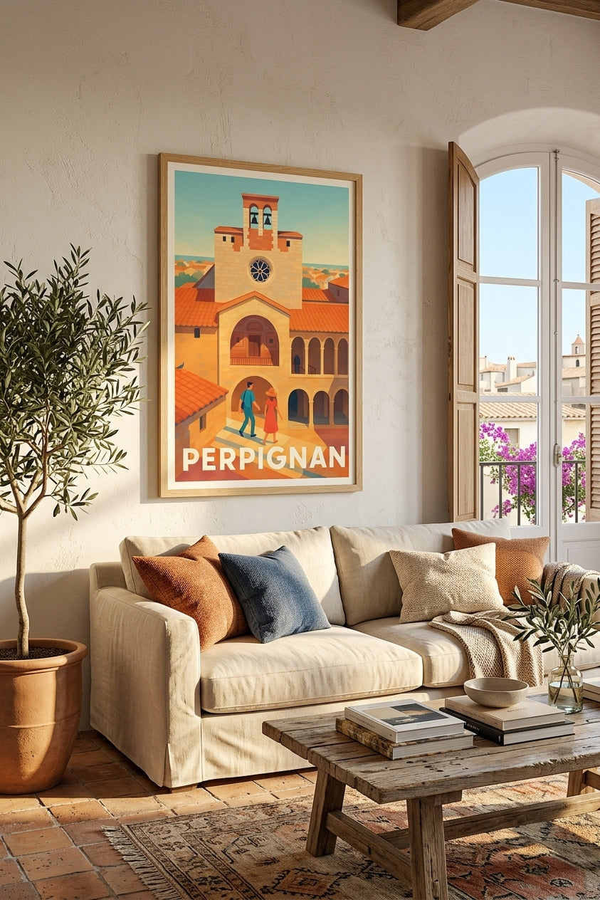 Affiche de Perpignan encadrée en bois clair dans un salon méditerranéen | Afich