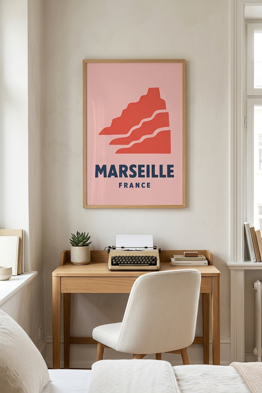 Affiche minimaliste de Marseille encadrée en chêne au-dessus d'un bureau dans un petit studio | Afich