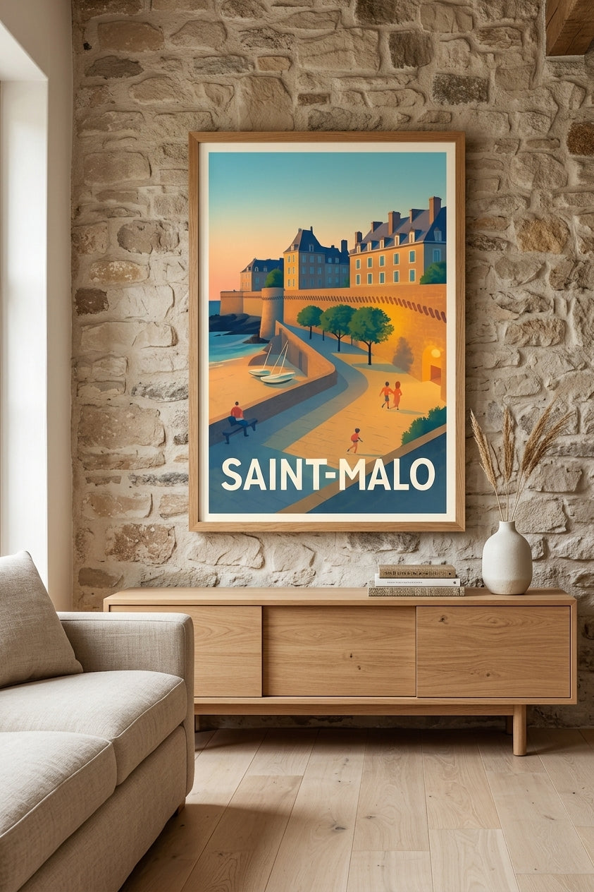 Affiche de Saint-Malo encadrée dans un salon en pierre, remparts au coucher du soleil au-dessus d'un buffet en chêne | Afich