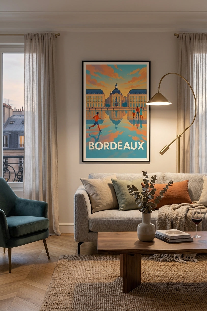 Affiche de Bordeaux encadrée dans un salon moderne - décoration murale salon | Afich