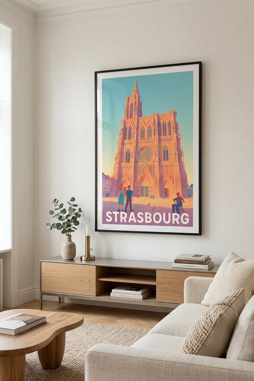 Affiche de Strasbourg encadrée dans un salon moderne, cathédrale gothique Fine Art | Afich