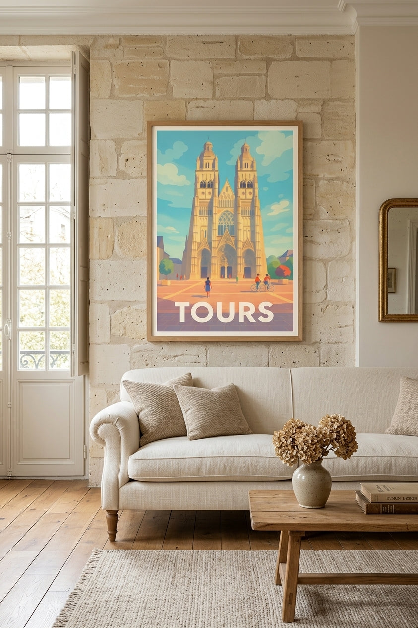 Affiche de Tours - cathédrale Saint-Gatien encadrée dans un salon en pierre de tuffeau
