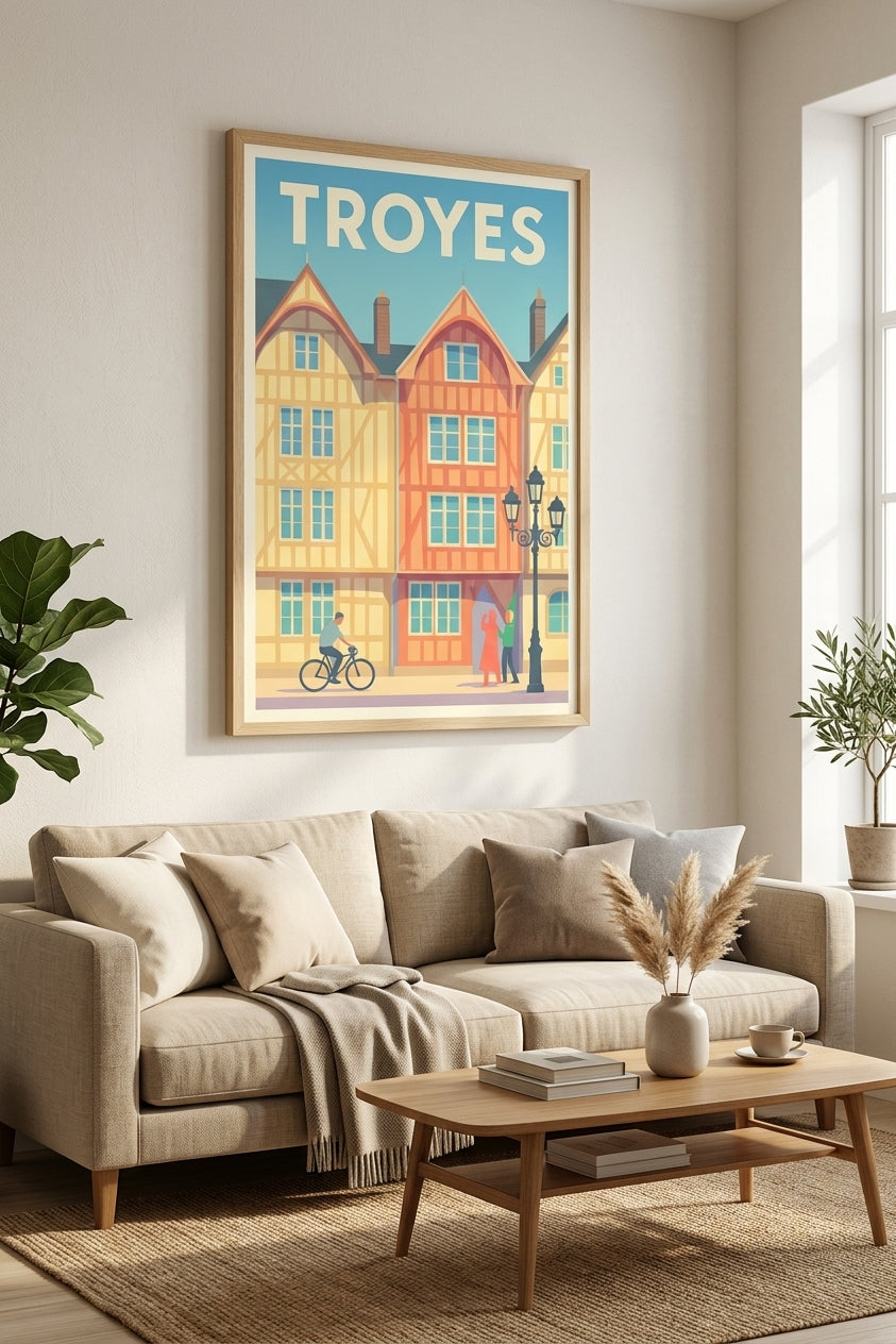 Affiche de Troyes et ses maisons à colombages encadrée en chêne clair au-dessus d'un canapé | Afich