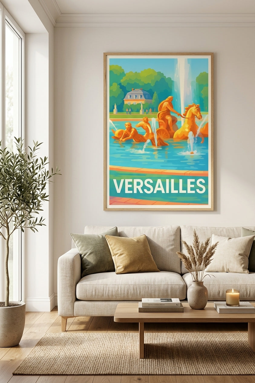 Affiche de Versailles et le bassin d'Apollon encadrée en chêne clair au-dessus d'un canapé | Afich