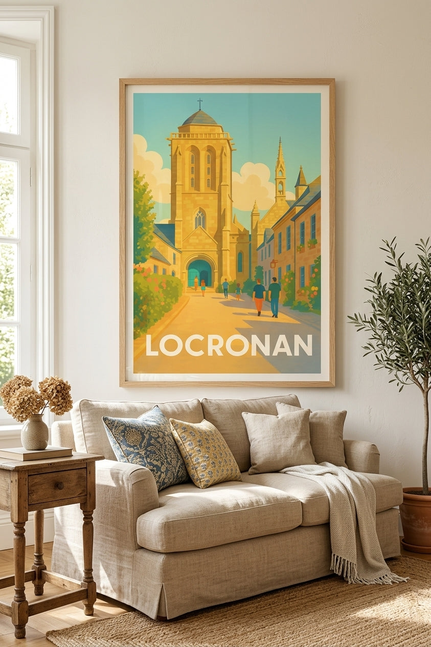 Affiche de Locronan et sa place pavée encadrée en chêne clair dans un salon lumineux | Afich