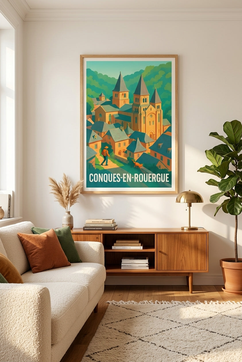 Affiche de Conques-en-Rouergue encadrée dans un salon - décoration murale Aveyron | Afich