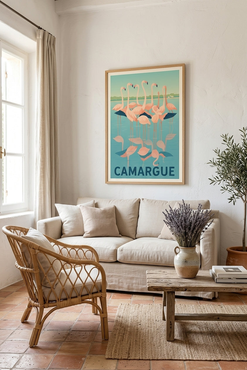 Affiche de Camargue dans un salon lumineux | flamants roses et marais salants | Afich