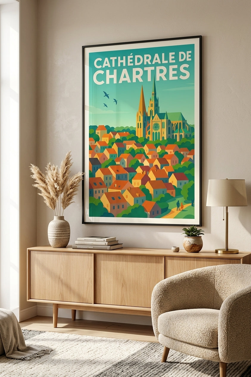 Affiche de la cathédrale de Chartres encadrée dans un salon lumineux | Afich