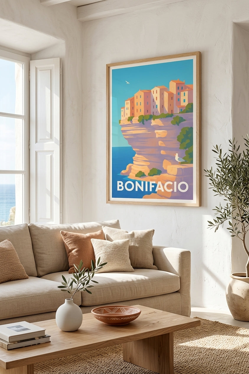 Affiche de Bonifacio encadrée dans un salon méditerranéen lumineux | Afich