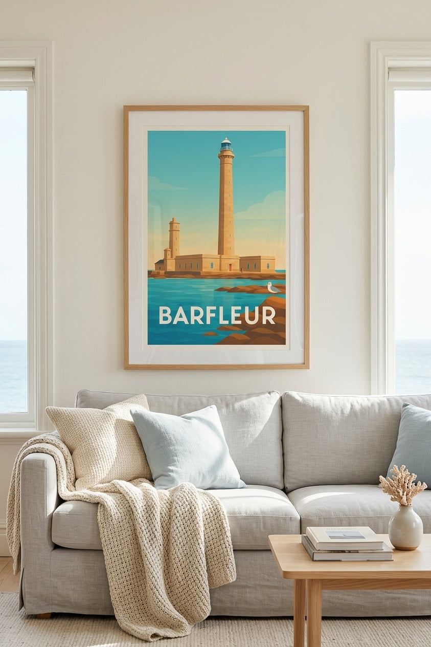 Affiche de Barfleur et son phare encadrée en chêne clair dans un salon bord de mer | Afich