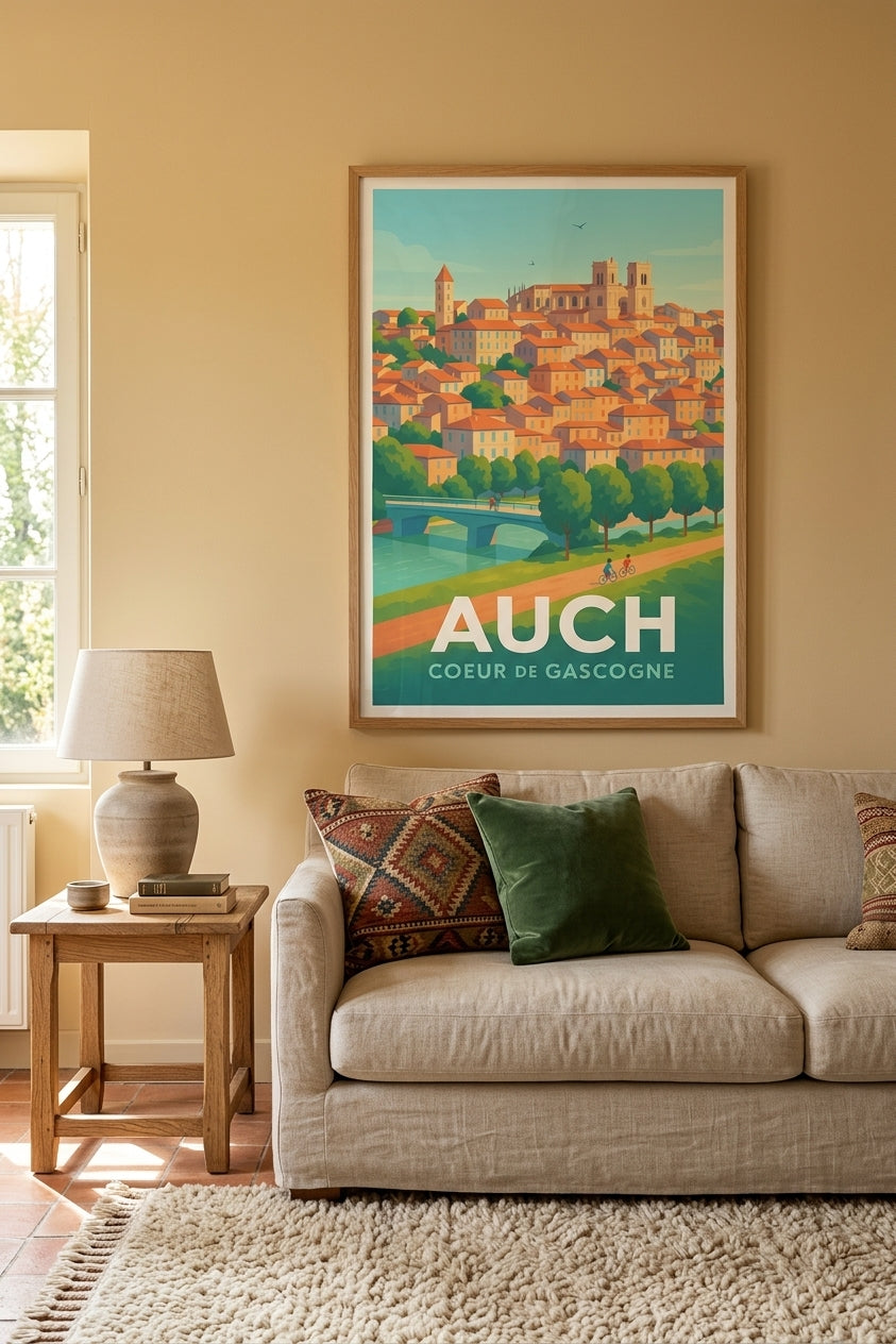 Affiche d'Auch, cœur de la Gascogne, encadrée dans un salon | Afich