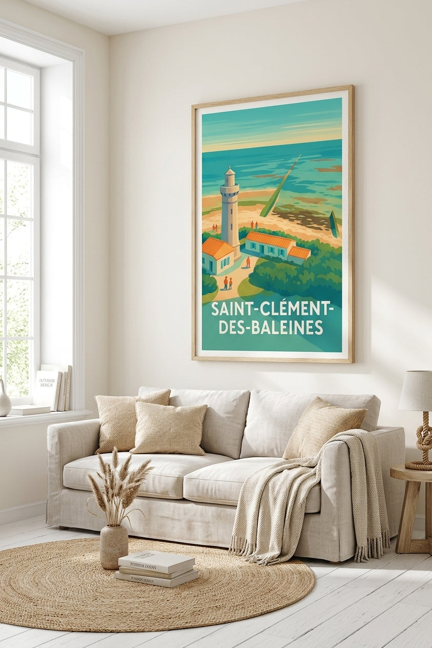 Affiche du phare des Baleines (Saint-Clément, Île de Ré) encadrée dans un salon coastal - Afich
