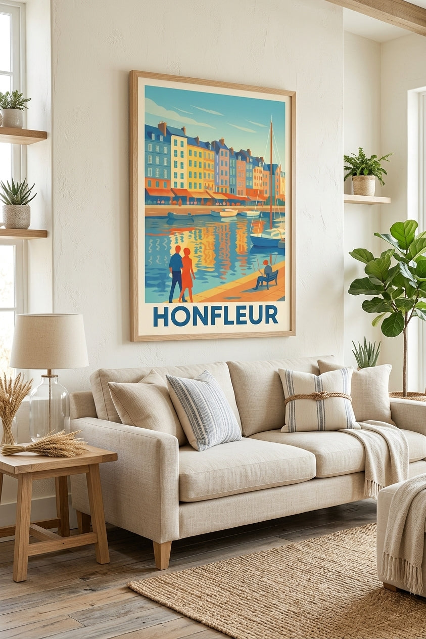 Affiche du port de Honfleur encadrée dans un salon côtier | Afich
