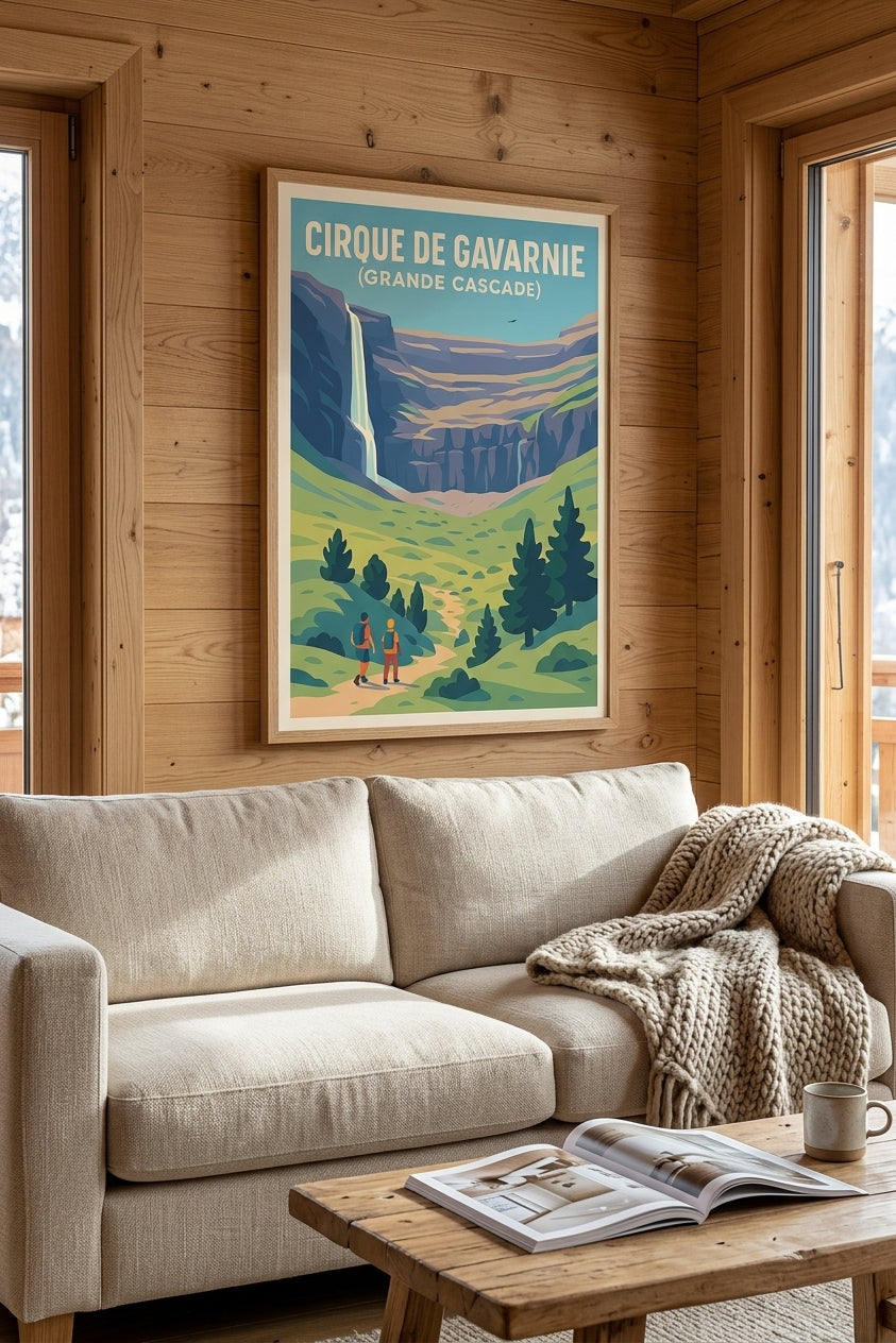 Affiche du cirque de Gavarnie et sa grande cascade encadrée en chêne clair dans un salon de chalet | Afich