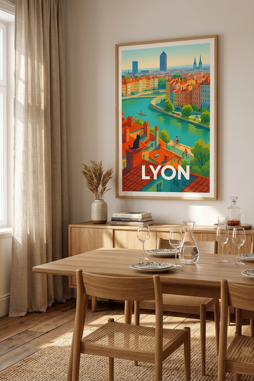Affiche de Lyon encadrée dans une salle à manger - décoration Fine Art | Afich
