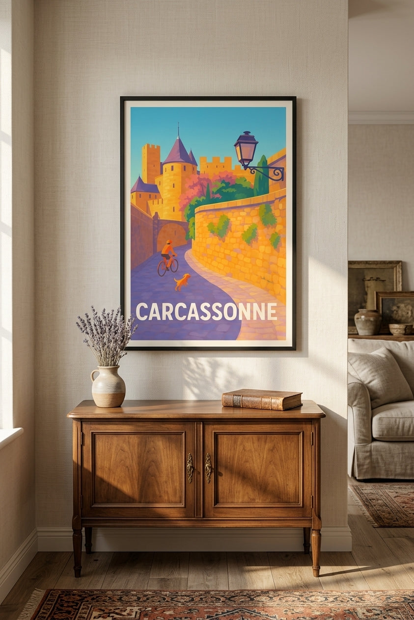 Affiche Carcassonne UNESCO encadrée dans un salon français à la décoration patinée