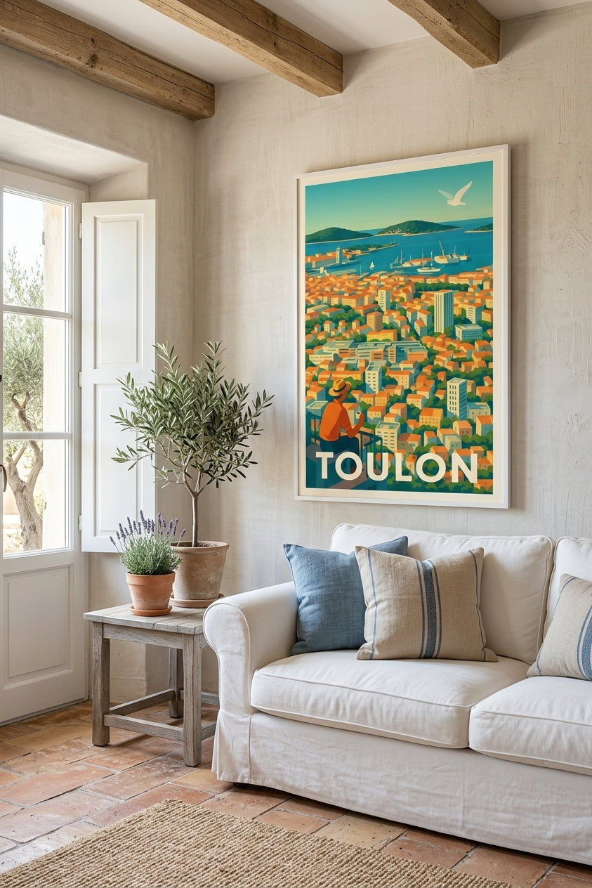 Affiche de Toulon encadrée dans un salon méditerranéen | Afich