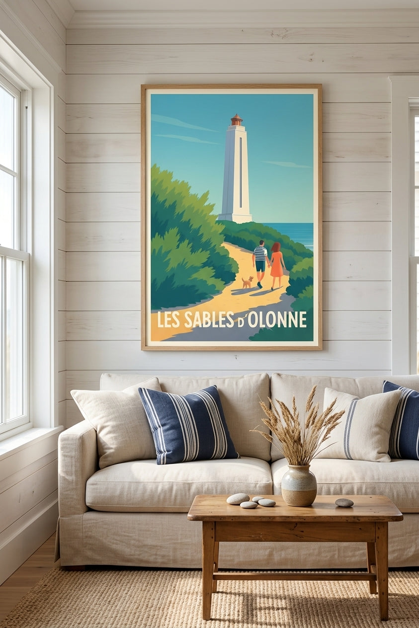 Affiche des Sables d'Olonne, le phare et la promenade en bord de mer | Afich