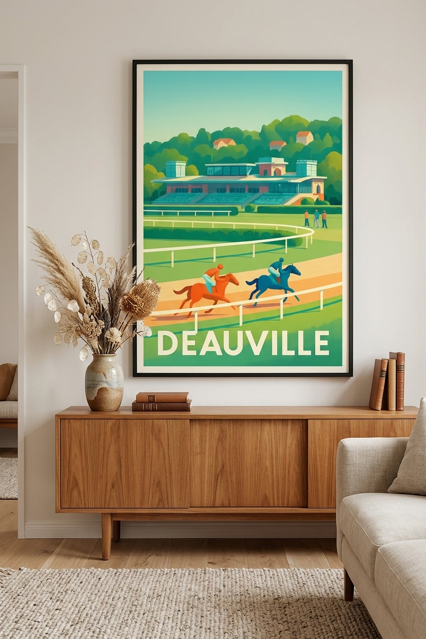 Affiche vintage de Deauville encadrée au-dessus d'un buffet en bois dans un salon clair | Afich