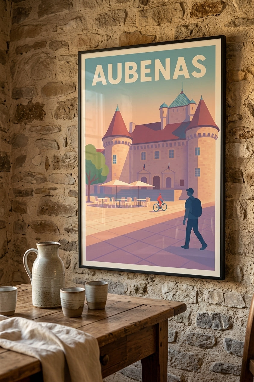 Affiche d'Aubenas en Ardèche encadrée dans une salle à manger rustique | Afich