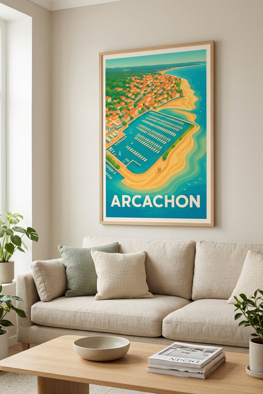 Affiche d'Arcachon encadrée en chêne clair dans un salon, idée de cadeau de départ à la retraite | Afich