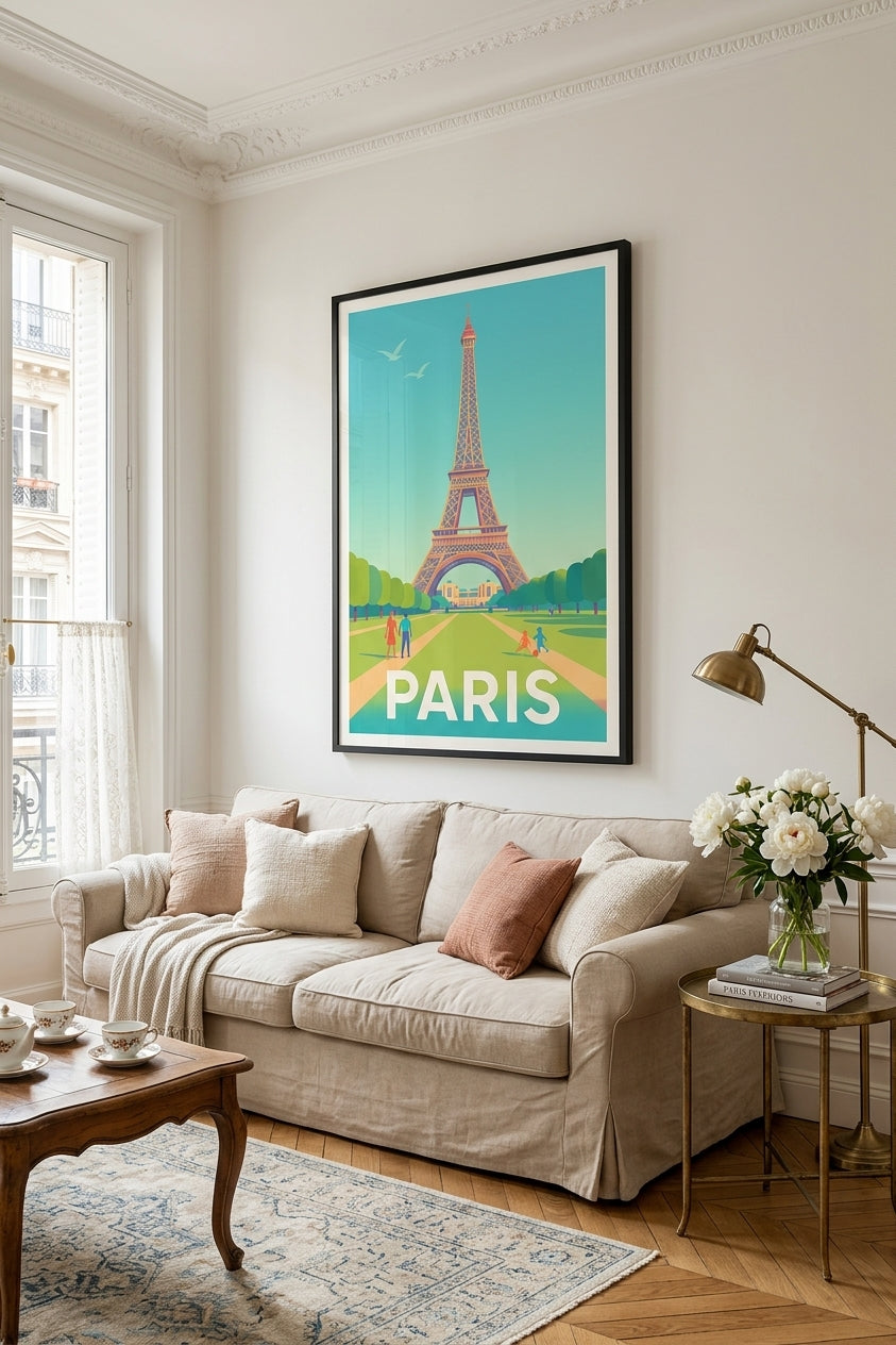 Cadeau de mariage : affiche Paris romance Tour Eiffel encadrée dans un salon | Afich