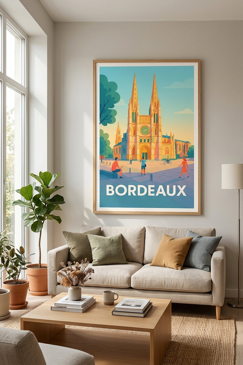 Affiche de Bordeaux encadrée en chêne clair dans un salon - déco murale | Afich