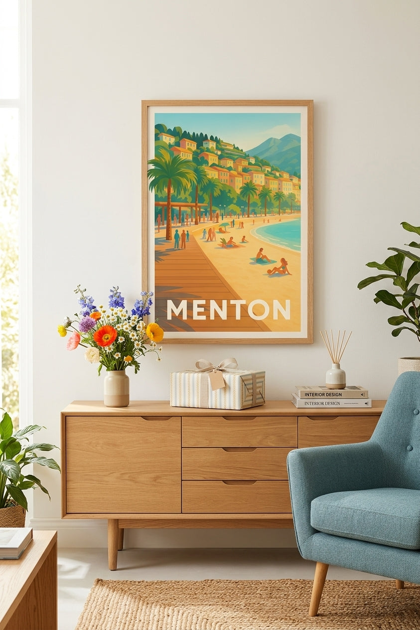 Affiche de Menton encadrée en chêne clair dans un salon, idée de cadeau d'anniversaire | Afich