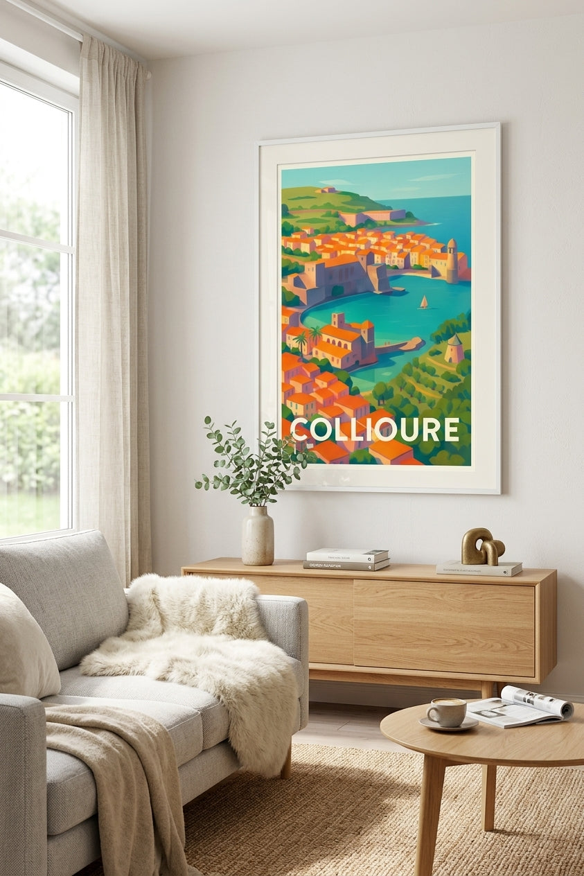 Affiche de Collioure encadrée dans un salon lumineux - long week-end de Pâques en France | Afich