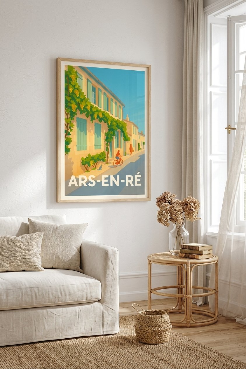 Affiche d'Ars-en-Ré dans un salon lumineux - décor pour Pentecôte | Afich