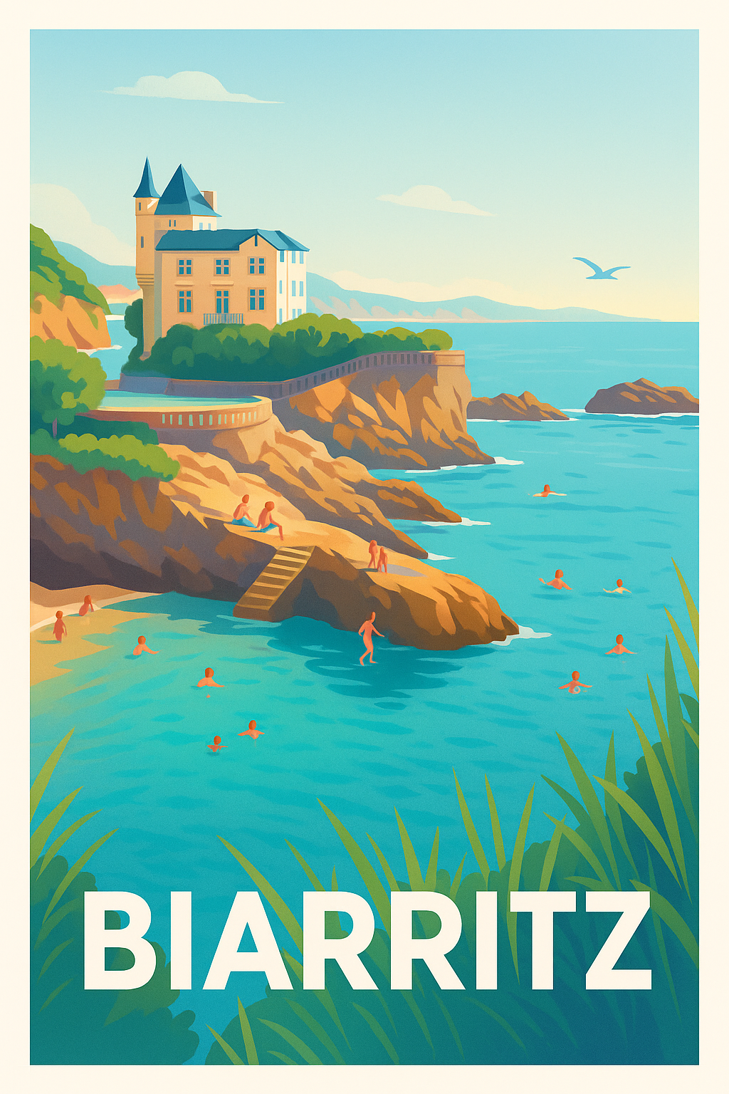 Affiche Biarritz - Plages ensoleillées et élégance côtière