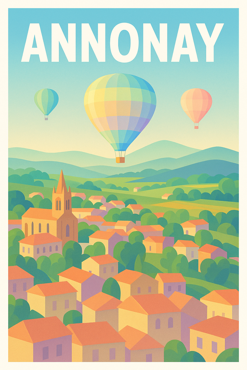 Affiche de Annonay - Vue aérienne et montgolfières colorées